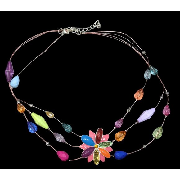 Rainbow Floral Enamel And Rhinestone Layered Beaded Necklace - Picture 1 of 5